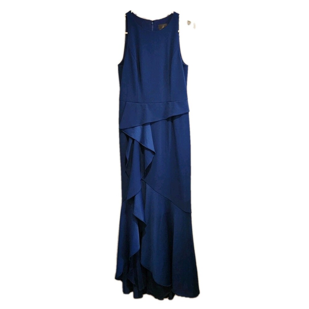 Adrianna Papell Women's Knit Halter Neck Crepe Cascade Gown Royal Blue Size 6